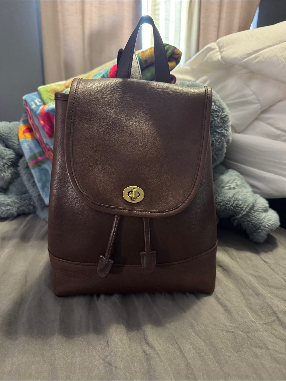 Vintage Coach Brown Leather Drawstring Backpack with Gold Turnlock